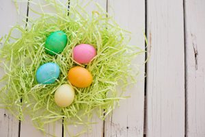 Easter Egg Hunts: colored eggs in green plastic straw with white boards in the background
