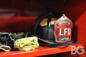 Burn: firefighter helmet in a locker